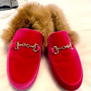 Pink with horsebit and fur fuzzy slipper/shoes